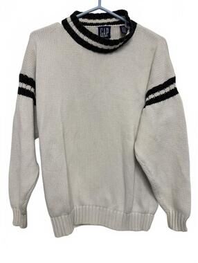 GAP Classic White Cotton Sweater with Black Striped Collar and Sleeves, Size M